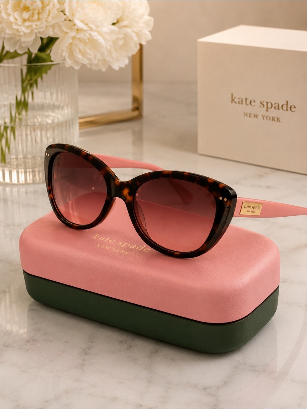 Kate Spade New York Cat Eye Sunglasses w/ Case & Cloth – Tortoise + Pink